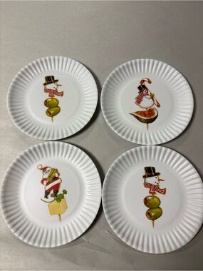 Vintage Holiday Appetizer Plates with Snowman & Santa Motifs  Set 4